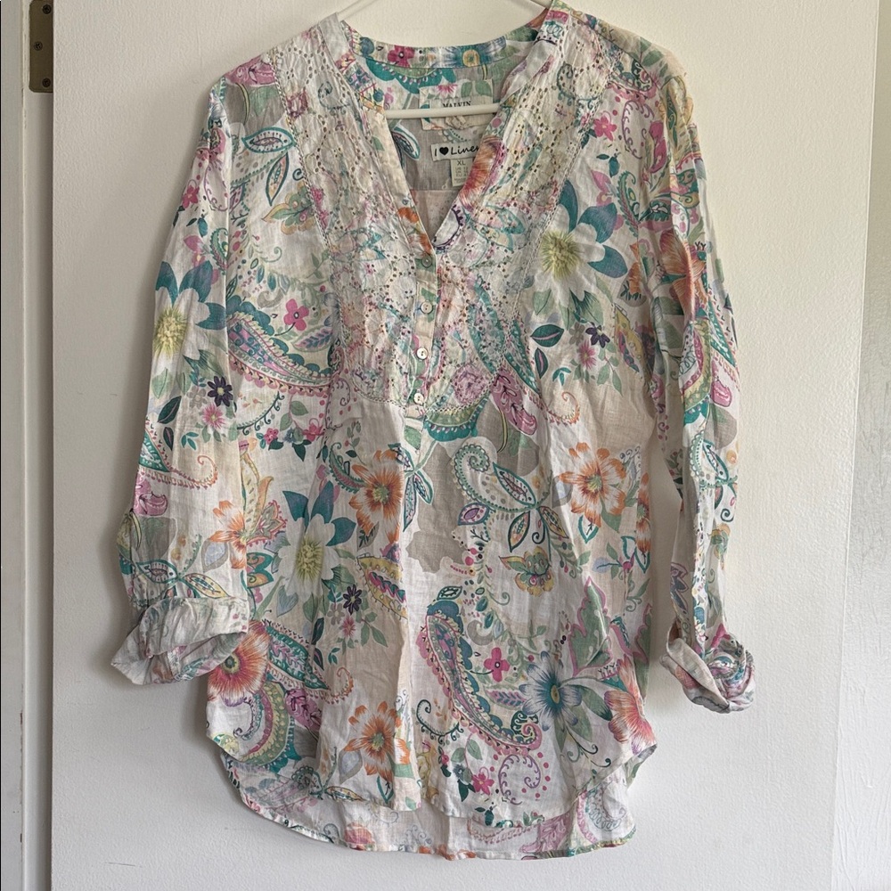 Malvin Anthropologie linen Tunic with Multicolor Floral Paisley Print